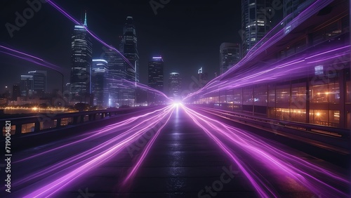 Nighttime cityscape with warp speed purple neon lights motion with blurred lights from buildings from Generative AI © sevenSkies