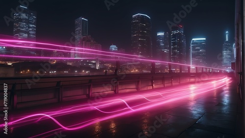 Nighttime cityscape with warp speed pink neon lights motion with blurred lights from buildings from Generative AI