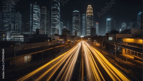 Nighttime cityscape with warp speed yellow neon lights motion with blurred lights from buildings from Generative AI