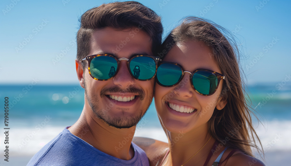 Portrait of a happy couple man and woman in sunglasses on the beach Portrait of a happy couple man and woman in sunglasses on the beach