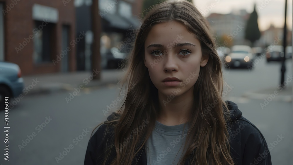 Portrait of a young teen girl feeling lonely and sad on a street from Generative AI