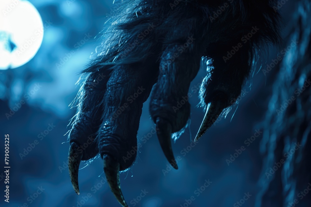 A close-up of a werewolfs paw with sharp claws in the moonlight illustration of a scary monster or animal claw or clawed hand - obrazy, fototapety, plakaty 