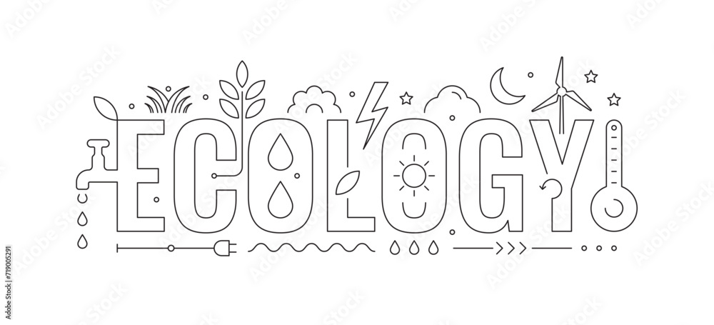 ecology word and ecology symbols. ecology technical drawing. vector ecology word ecology word and ecology symbols. ecology technical drawing. vector ecology word