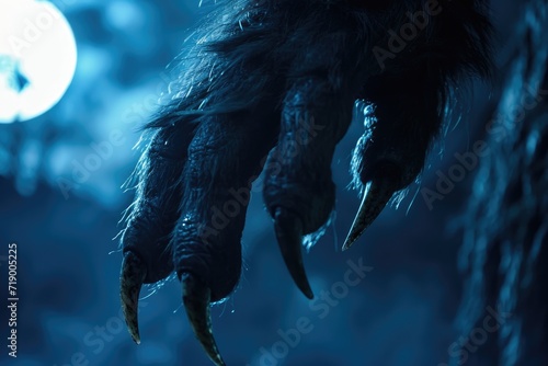 A close-up of a werewolfs paw with sharp claws in the moonlight illustration of a scary monster or animal claw or clawed hand photo