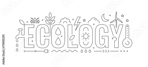 ecology word and ecology symbols. ecology technical drawing. vector ecology word