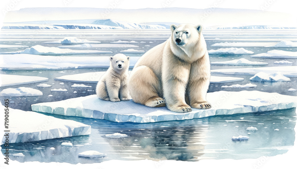 Watercolor illustration of polar bear with its cub on ice floe in the Arctic.International polar bear day.World Wildlife Day. Melting Glacier.Climate change concept and rising sea levels.Mother's day. Watercolor illustration of polar bear with its cub on ice floe in the Arctic.International polar bear day.World Wildlife Day. Melting Glacier.Climate change concept and rising sea levels.Mother's day.