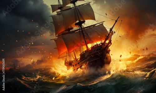 Dramatic maritime scene of tall ships engaged in a fierce battle on the high seas, with fiery explosions and turbulent ocean waves