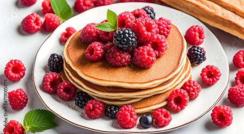 Delicious pancakes with different berries and mint