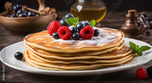 Delicious pancakes with different berries and sugar