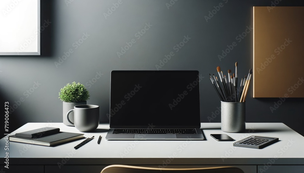 A neatly organized home office desk with a laptop, plant, and stationery, embodying a clean and modern work environment. A neatly organized home office desk with a laptop, plant, and stationery, embodying a clean and modern work environment.