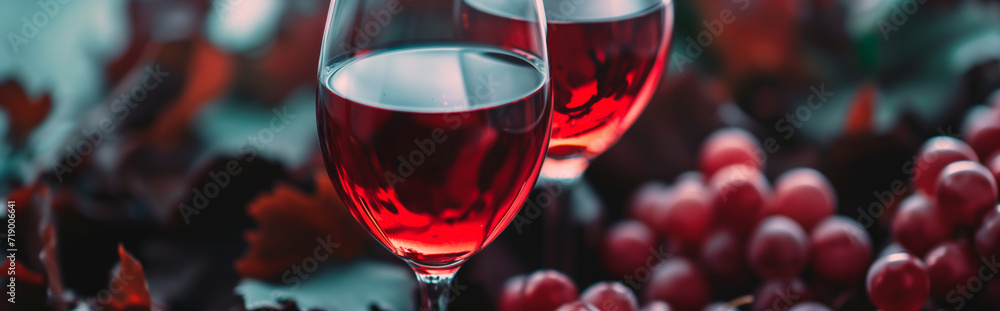 Vibrant red wine glasses with ripe grapes, winery and wine tasting concept.
 - obrazy, fototapety, plakaty 