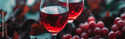 Vibrant red wine glasses with ripe grapes, winery and wine tasting concept. 
