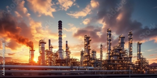 Close up Industrial view at oil refinery plant form industry zone with sunrise and cloudy sky. AI generative photo