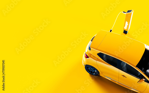 Yellow electric car connected to charger on yellow background with copy space. Automobile industry concept. 3D Rendering, 3D Illustration © hd3dsh