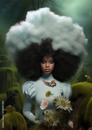 hyperrealistic portrait of a woman with a huge afro, in the style of hip-hop culture exploration. photo