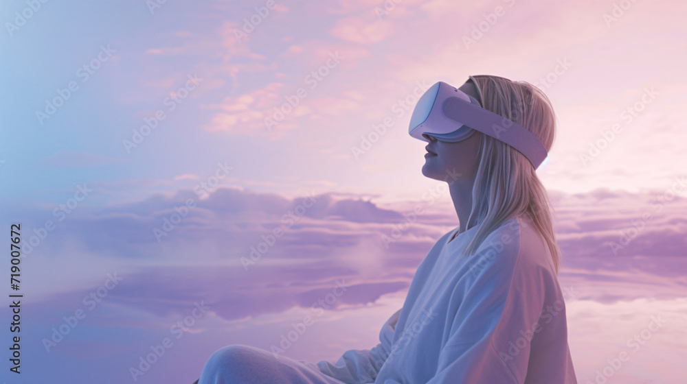 A virtual reality therapy session, where a patient immersed in a serene digital landscape - obrazy, fototapety, plakaty 