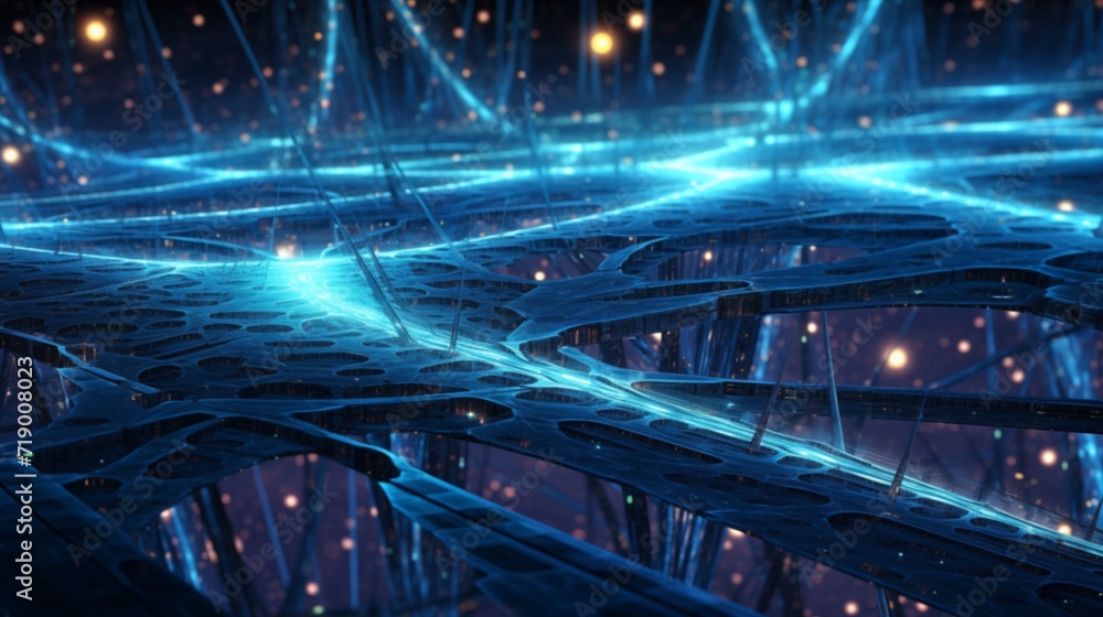 Fototapeta premium Techno-fractals intricate patterns merge and unfold in a rhythmic dance, harmonious convergence of technology and art background