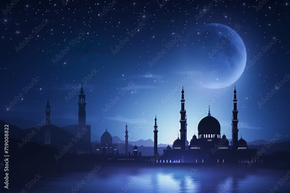 Night Crescent Moon shining with mosque
