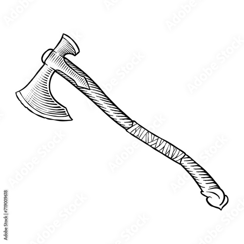 black and white vector illustration of a Viking ax in vintage style