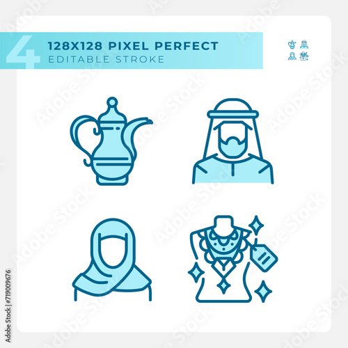 Unique arabic culture light blue icons. Dubai jewellery. Uae fashion. Turkish traditional. Arabian heritage. RGB color. Website icons set. Simple design element. Contour drawing. Line illustration