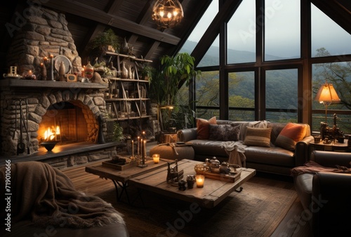 A warm and inviting living room featuring a crackling fireplace  perfect for cozy nights in. Comfortable seating  soft lighting  and rustic decor complete the cozy atmosphere