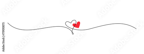 One continuous drawing of two hearts with red color love sign. Thin flourish ribbon and romantic symbol in simple linear style. Editable stroke. Doodle contour vector illustration
