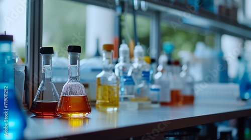 a row of glassware sitting on a counter in a laboratory area