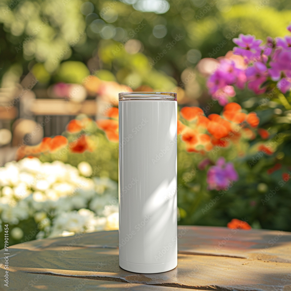 Mockup of a 20oz Straight Skinny Tumbler includes a lid on a table, with a blurred or bokeh background of a Garden