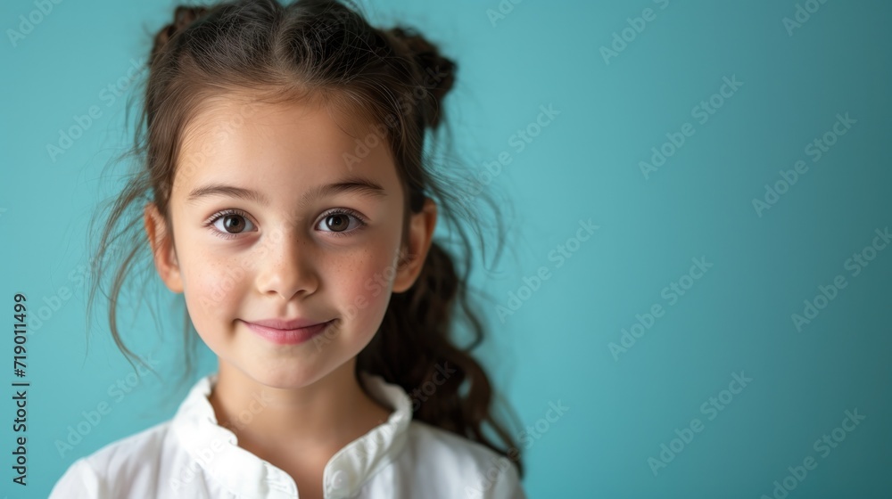 A girl in a white shirt, a brunette with long hair. Age 6,7,8 years, primary school student. Studio photo on a blue background