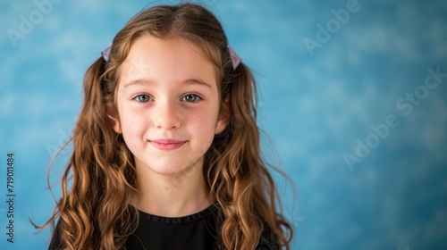 Portrait of a girl on a blue background. A schoolgirl with pigtails, pigtails, blonde hair. The child is seven, eight, nine years old