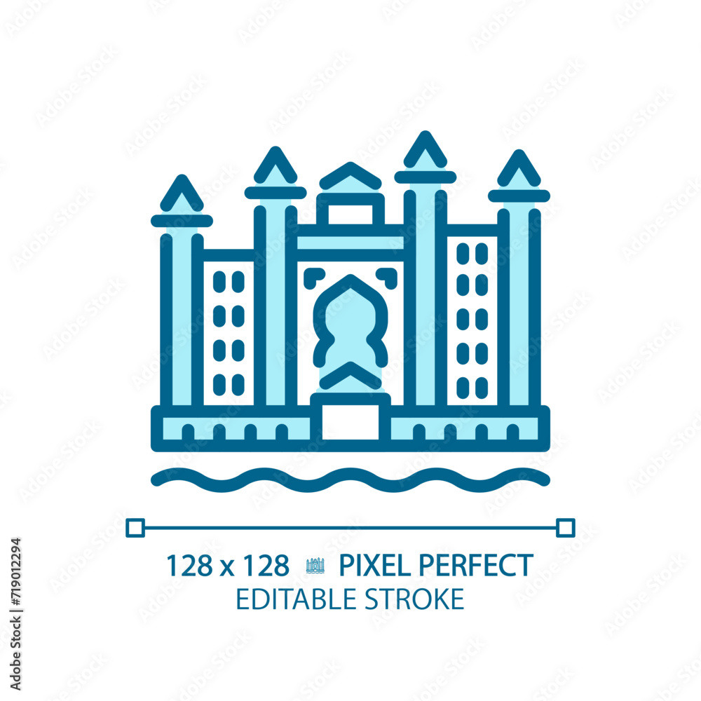 Fototapeta premium Dubai resort complex light blue icon. Skyscrapers luxury tourism. Magnificent royal landmark. RGB color sign. Simple design. Web symbol. Contour line. Flat illustration. Isolated object