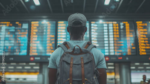 A young African American man from the back with a backpack on his back looking at the departure boards in an airport terminal, the excitement of holidays and discovering new cultures by traveling