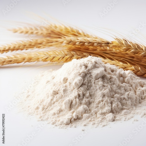 Integral flour pile with wheat ears isolated on white background