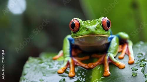 a frog with red eyes sitting on a leaf © progressman