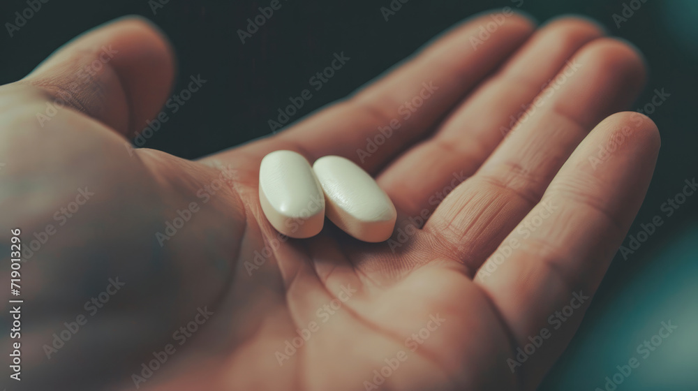 Close up of hand with two pills Close up of hand with two pills