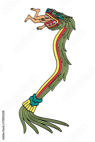 Quetzalcoatl devours a human. Aztec god of life, light and wisdom, lord of day and winds, as depicted in Codex Borbonicus. Plumed serpent, a supernatural entity, called Kukulkan or Tohil by the Maya.