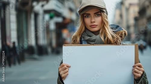 Portrait of a woman wearing in yellow outfit in hat and holding a banner with a big copy space inside of it, Generative AI.