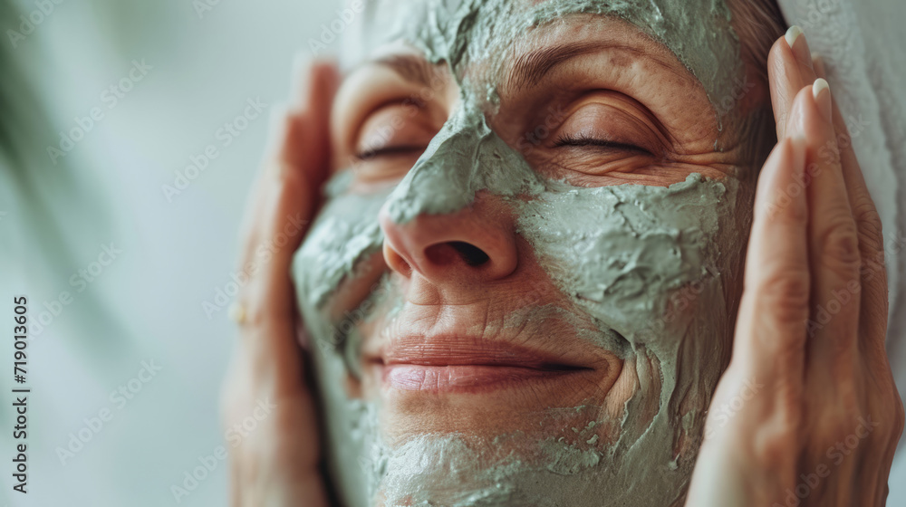 Fototapeta premium Close-up of senior woman wrinkled face applying moisturizing facial clay cream mask