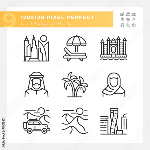 UAE Dubai rich lifestyle linear icons set. Ancient unique culture. Nature and urban. Human made landmarks. Customizable thin line symbols. Isolated vector outline illustrations. Editable stroke