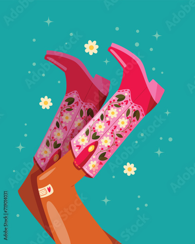 Woman legs with cowboy boots decorated with flowers. Cowgirl with cowboy boots. American western theme. Colorful vibrant vector illustration.