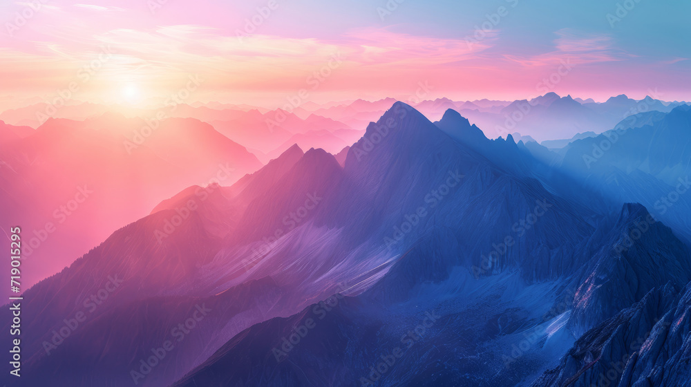 Majestic view. A panoramic view of towering mountain ranges at sunrise