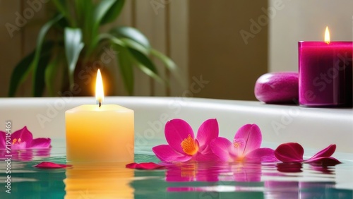 Beauty water therapy candle spa wellness light care health relaxation romantic bath.  generative  AI.