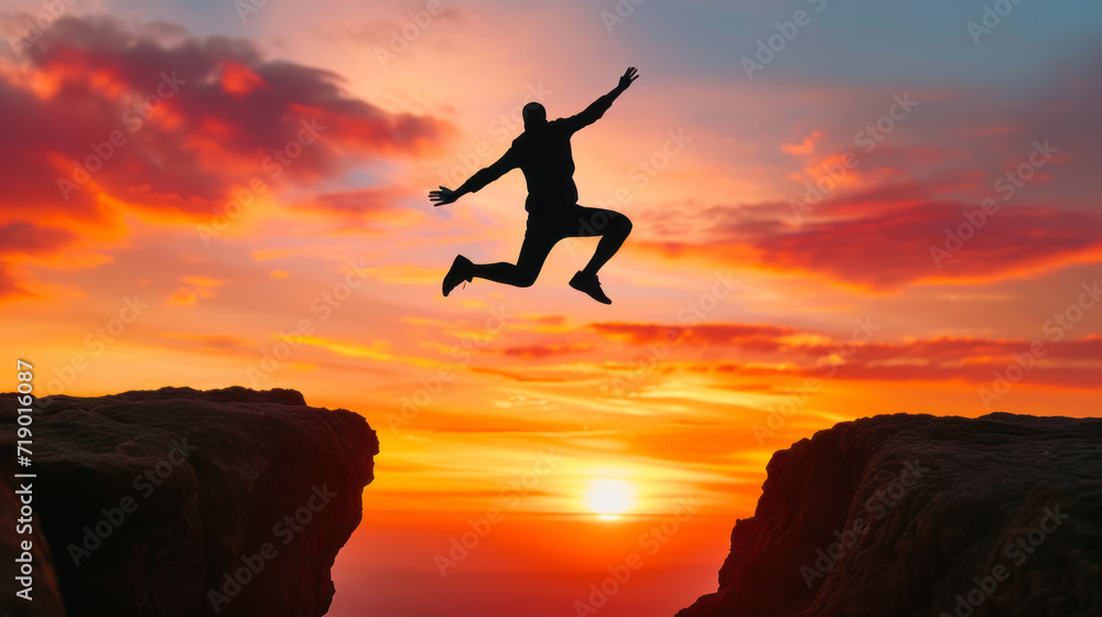 Silhouette of Enthusiastic man jumping between two cliffs. Success and freedom concept Silhouette of Enthusiastic man jumping between two cliffs. Success and freedom concept
