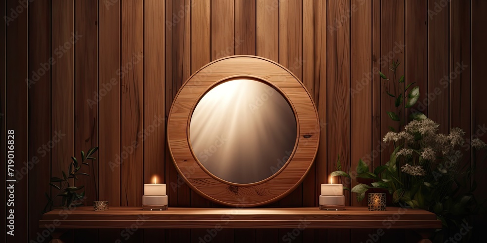 Wooden podium, round mirror, and lit candle on dressing table. Wooden podium, round mirror, and lit candle on dressing table.