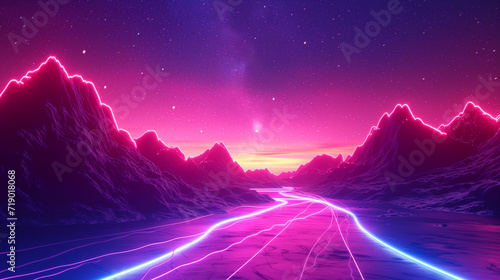 Neon Pink Synthwave Sunset Over Digital Mountains with Neon Contours, Wallpaper Background