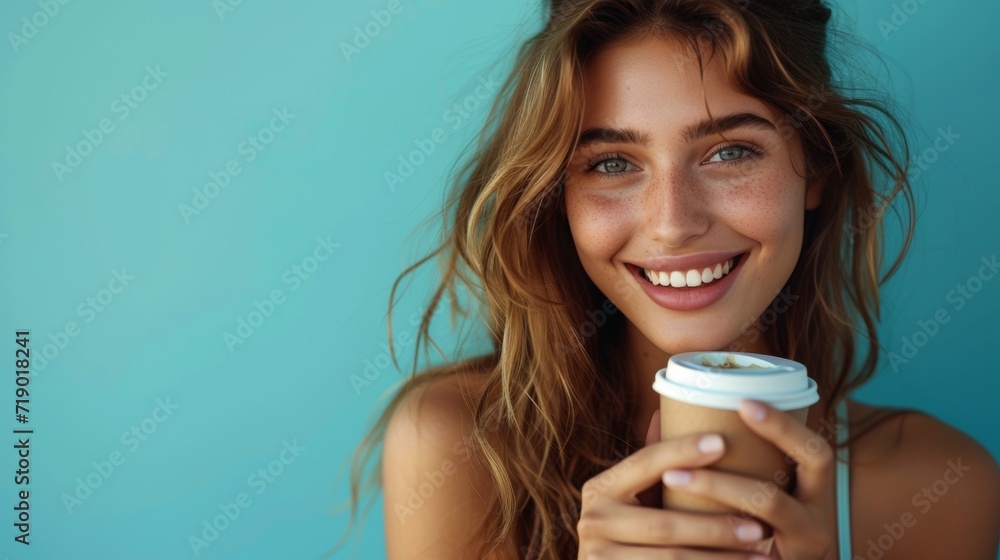A mockup of a happy young, beautiful woman holding paper cup with coffee while standing on Studio background A mockup of a happy young, beautiful woman holding paper cup with coffee while standing on Studio background