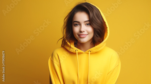 Woman in yellow hoodie with hood. Studio photography with yellow background. © Octyabr