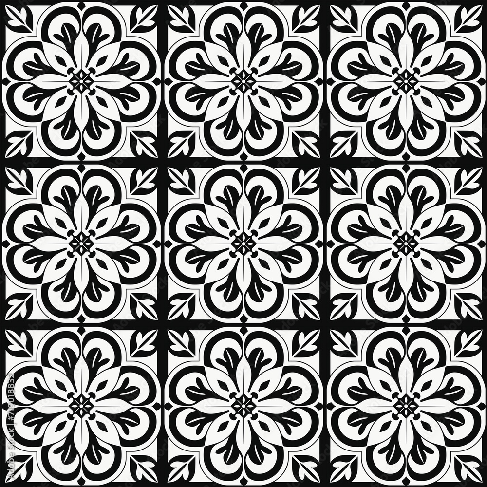 Vintage Tiles, Black and White, Old Tile Pattern, Cement Tiles, Europe around 1900. Repeatable Pattern. Created with AI.