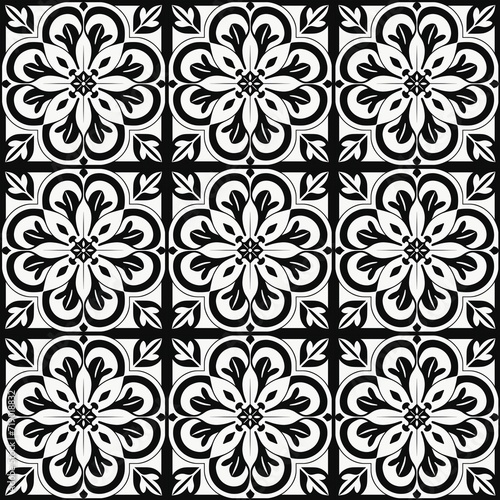 Vintage Tiles, Black and White, Old Tile Pattern, Cement Tiles, Europe around 1900. Repeatable Pattern. Created with AI.