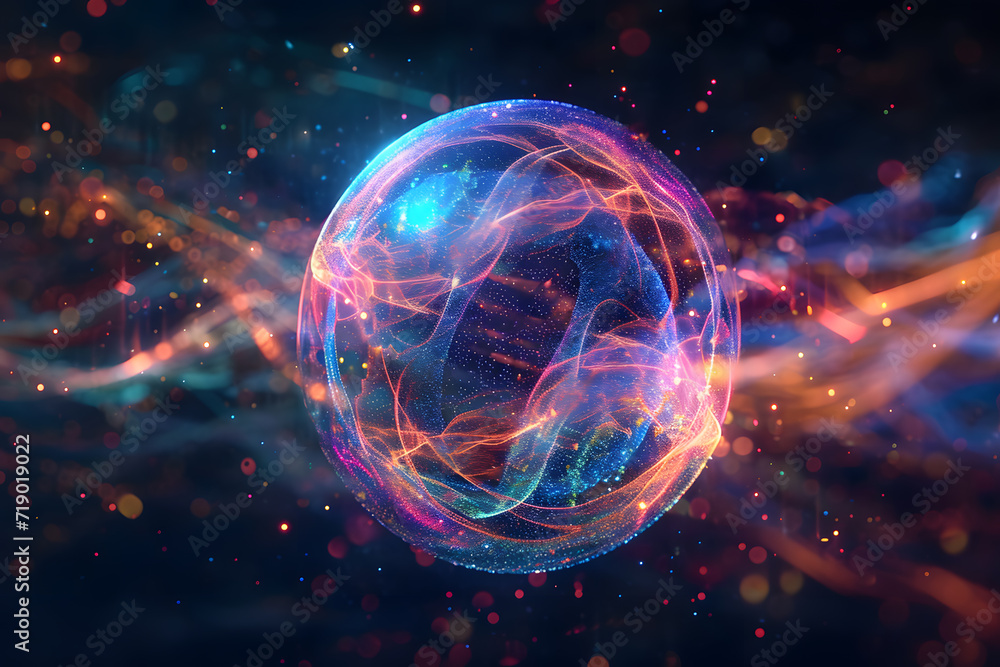 Abstract multicolored energy sphere made of particles and waves of magical glow on a dark background Abstract multicolored energy sphere made of particles and waves of magical glow on a dark background